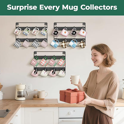 EsLuker.ly Mug Holder Hanger Rack Wall Mounted Wooden 3 Pack Coffee Cup Storage Organizer Display Shelf with 24 Removable Plastic Hooks, Ideal for Mug Collectors, Black