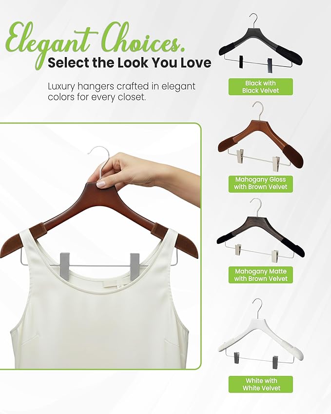 All Hung Up Hangers - Wooden Hangers with Clips for Women, Solid Wood Skirt & Suit Hangers, Heavy-Duty Adjustable Non-Slip Design with Velvet Grip, High Gloss Brown with Brown Velvet, 12 pcs