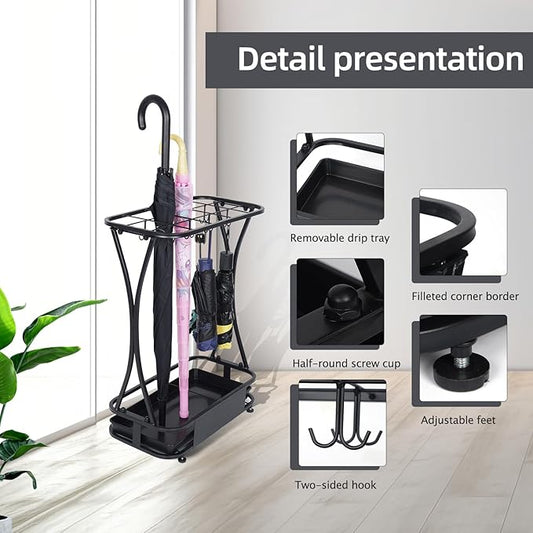 Umbrella Stand Rack with 15 slots Umbrella Holder for Entryway Umbrella Holder with Removable Drip Tray, Medium Black