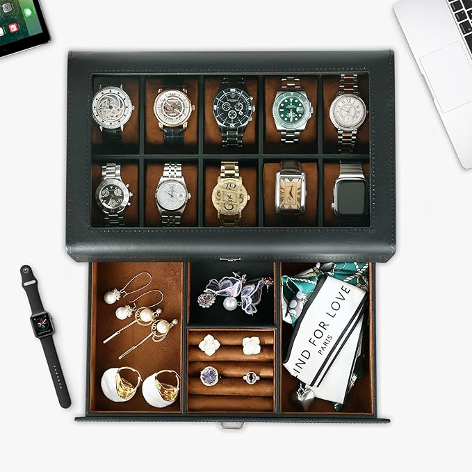 HELMDY Leather Watch Box with Drawer-10 Slots Locking Jewelry Watches Holder for Men-Luxury Watch Case Display Organizer-2 Tier Organizer Watch Showcase-Storage Case