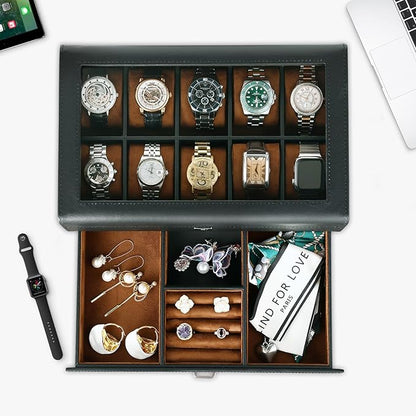 HELMDY Leather Watch Box with Drawer-10 Slots Locking Jewelry Watches Holder for Men-Luxury Watch Case Display Organizer-2 Tier Organizer Watch Showcase-Storage Case