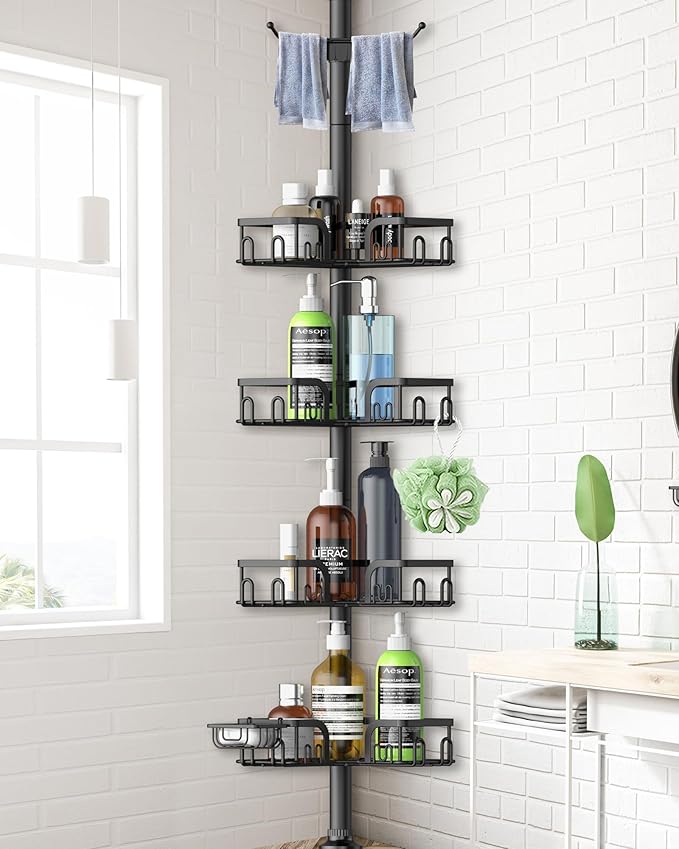 Clothink Corner Shower Caddy Tension Pole 4 Tier Adjustable Stainless Steel Shower Shelf for Inside Shower Bathtub Shampoo,Standing Bathroom Organizer Shelves with 39 to 113 inch Height