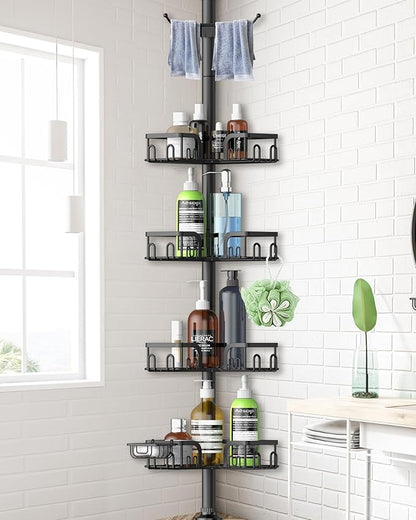 Clothink Corner Shower Caddy Tension Pole 4 Tier Adjustable Stainless Steel Shower Shelf for Inside Shower Bathtub Shampoo,Standing Bathroom Organizer Shelves with 39 to 113 inch Height