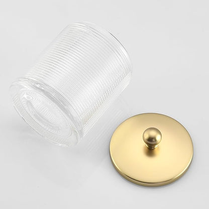 Indecor Home Clear Transparent Apothecary Ribbed Geometric Etched Glass Jar W/Gold Lid Cover for Bathroom Organization, Cotton Balls, Q Tips, and Small Accessories, Bathroom Storage