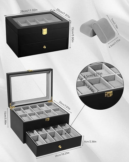 Uten 20 Wooden Watch Storage Box 2 Layers Organizer Collection Jewelry with Glass Lid