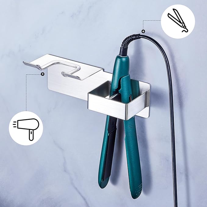 WAYASI Blow Dryer Holder Wall Mounted, Hair Dryer and Straightener Holder, Hairdryer Holder for Bathroom, Curling Iron Holder, Salon Hair Tools Organizer Storage, Silver