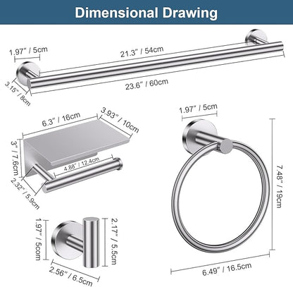 Brushed Nickel Bathroom Hardware Set, 5 Pieces Towel Bar Bathroom Accessories, Upgraded Toilet Paper Holder with Shelf Set, 23.6 Inch Towel Rack Towel Holder for Bathroom Wall