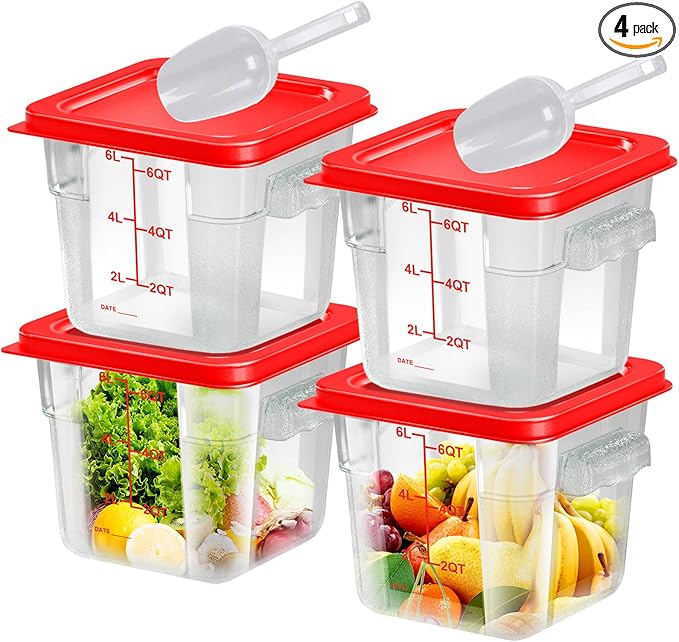 FeyBuosk 4 pcs 6qt Food Storage Containers with Lid, Square Clear Commercial Food Storage Containers with Handle and Scale for Food Storage in Home Kitchen & Dining (Red)