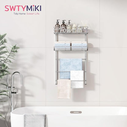 SWTYMIKI Over The Door Towel Racks for Bathroom - 5-Tier Wall Mounted Bathroom Towel Storage Organizer Holder with Metal Shelf, Sliver