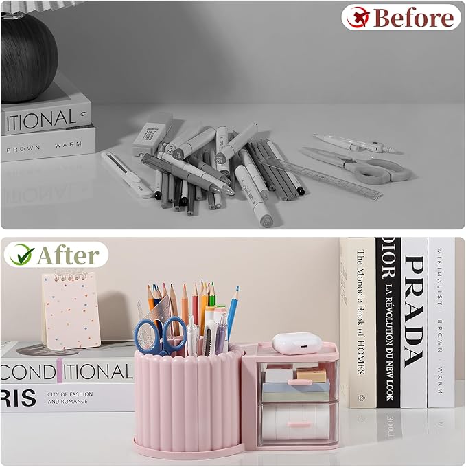 Anyoifax 360° Rotating Pen Holder 7 Slots Desk Organizer with Drawer Removable Pencil Cup Plastic Art Supplies and Accessories Desktop Storage Box Caddy for Office, School, Home (Pink)