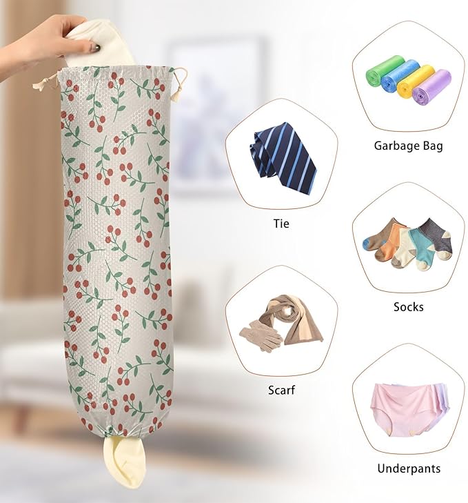 2 PCS Red Berry Plastic Bag Holder - Wall Mount Grocery Bag Holder, 22 x 9 Inch, Kitchen Closet Organizer