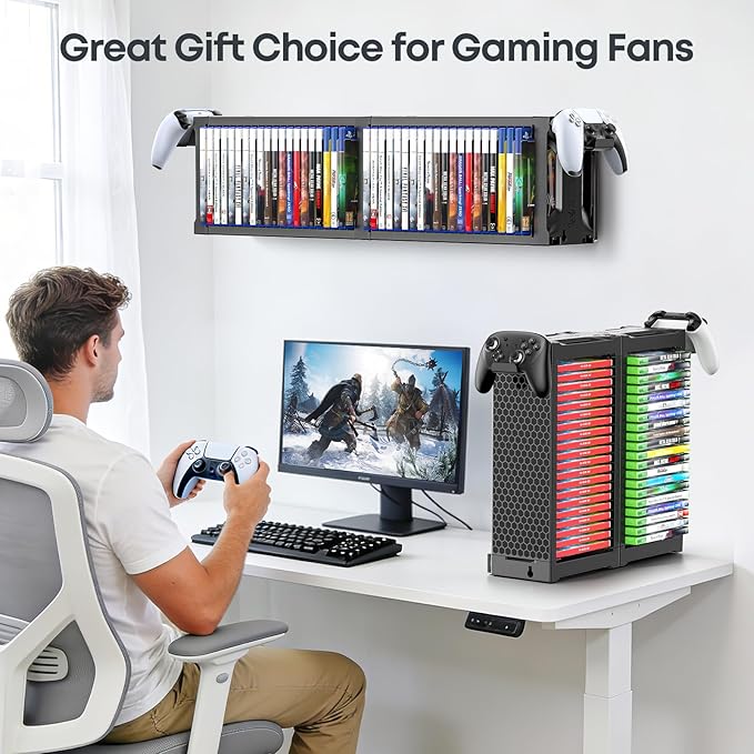 Kytok Video Game Disc Rack Tower Video Game Storage Universal for PS5/PS4/ XBOX One/Series/Nintendo Switch Game, Game Organizer Shelf Display Stand for Wall Mount/Desk/Floor with Controller Holder