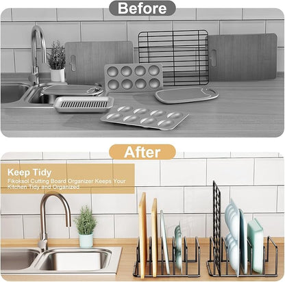 Cutting Board Organizer and Baking Sheet Rack, [1-Pack] Black Heavy Duty Metal Cookie Sheet Organizer for Cutting Board Storage & Plate Holder for Cabinet, Tray Dividers for Cabinets