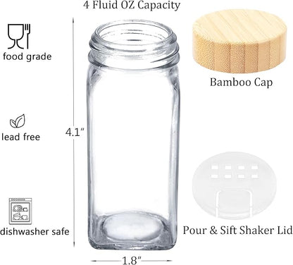 SWOMMOLY 48 Glass Spice Jars with 806 White Spice Labels, Square Spice Bottles 4 oz Empty Spice Containers with Bamboo Lids, Chalk Marker and Funnel Complete Set.