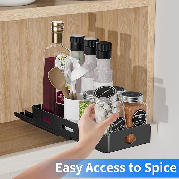 Pull Out Spice Rack Organizer for Cabinet, Heavy Duty Spice Organizer for Cabinet, Vertical Spice Rack for Kitchen, Cabinet, Pantry, Cupboard (4.2''Wx10.5''Dx2.8''H, Metal Black)
