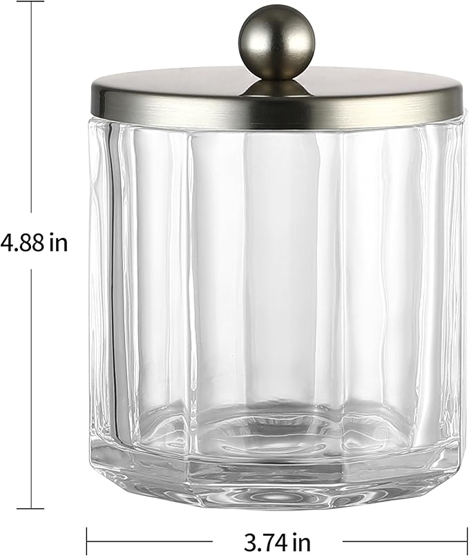Indecor Home Clear Transparent Apothecary Octagional Shaped Glass Canister Jar With Satin Nickel Metal Lid Cover for Bathroom Organization, Cotton Balls, Q Tips, and Small Accessories, Bath Storage