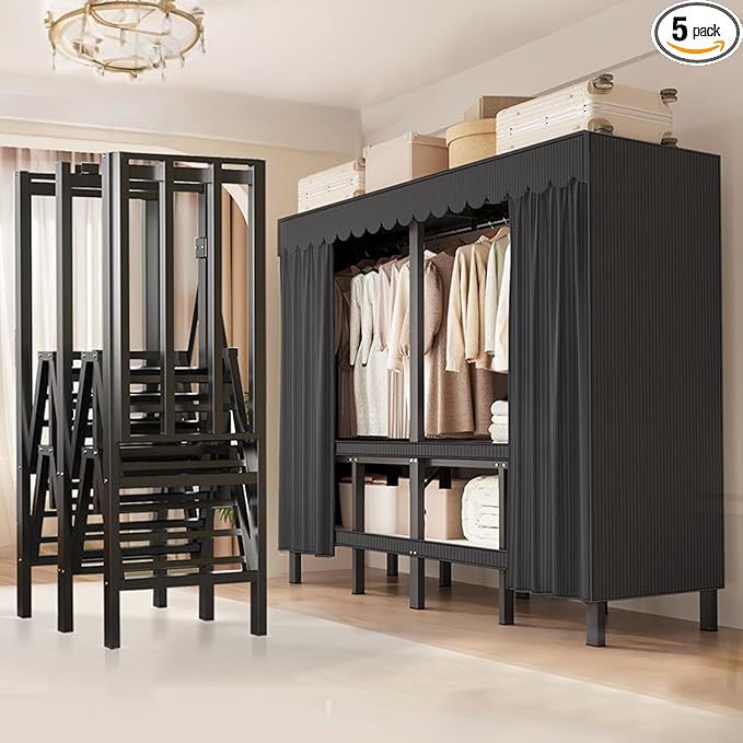 66.1in Heavy Duty Clothes Rack with Black Cover Foldable Covered Clothes Rack for Hanging Clothes portable Wardrobe Closet System Freestanding Coat Storage Garment Racks for bedroom (black, 66.1in)