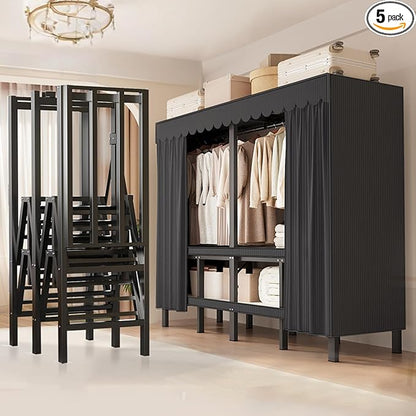 66.1in Heavy Duty Clothes Rack with Black Cover Foldable Covered Clothes Rack for Hanging Clothes portable Wardrobe Closet System Freestanding Coat Storage Garment Racks for bedroom (black, 66.1in)