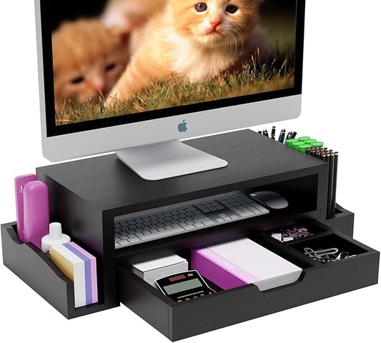 Simple Trending Monitor Stand Riser and Computer Wood Desk Organizer with Drawer and Pen Holder for Laptop, Computer, iMac, Black