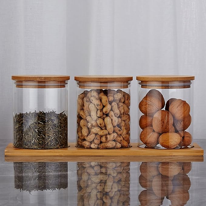SANQIAHOME Glass Coffee Sugar Containers with Shelf, 3 x 27 OZ Coffee Bean Storage Station Organizer,Airtight Seal,Food Storage Jar for Kitchen