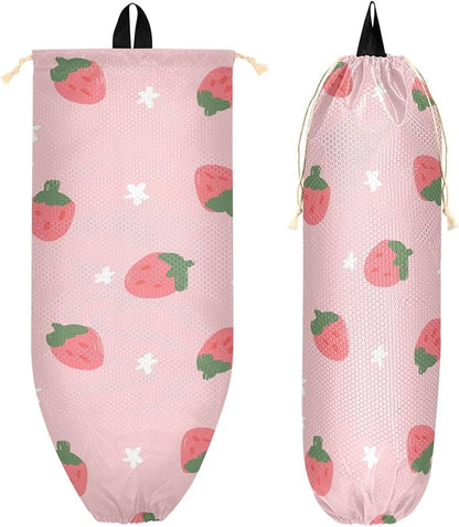 1 PC Plastic Bag Holder Wall Mount Grocery Bag Holder Shopping Bag Trash Bag Storage Organizer Dispenser for Kitchen Closet 22 x 9 Inch Strawberry Pink