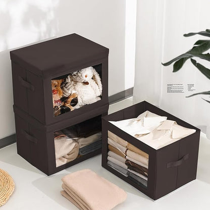 Stackable Storage Bins with Lids - Large Storage Box with Lids, Foldable Closet Boxes for Organizing, Wardrobe Clothes Organizer with Window, Cubes Bins for Living Room, 6 Pack, Brown
