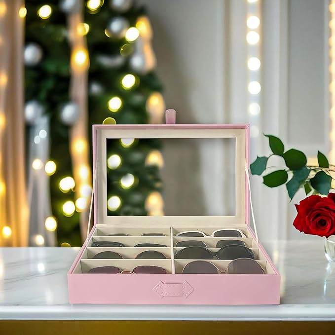 UnionPlus 8-Slots Sunglasses Case Organizer, Eyeglass Glasses Display Holder Collector, Multiple Sunglasses Storage Case, Pink