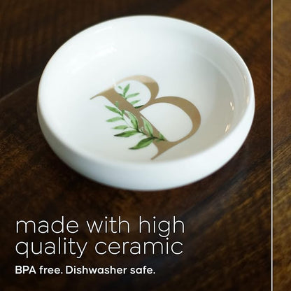 Trinket Tray Ring Dish with Personalized B in Gold Foil and Greenery - White Ring Dish - Monogrammed Trinket Dish or Jewelry Bowl - Cedar & Ink (B)