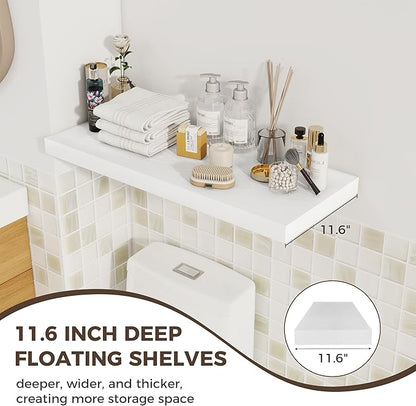 Fun Memories 12 Deep Floating Shelves for Wall | 30W x 12D Large Floating Shelves | 3 Pack Storage Space Wall Mount Shelf for Living Room Bathroom Toilet Laundry Room Kitchen Home Office - White