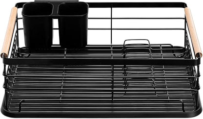 Navaris Dish Drainer Rack - Plate, Silverware, Pots and Pans Drying Rack for Kitchen with Beechwood Handles - Modern Retro Design Drip Tray - Black