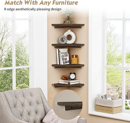 Forbena Floating Corner Shelves for Wall Set of 4, Small Corner Bookshelf for Bedroom Books, Round Wooden Corner Shelf Wall Mount for Bathroom Plants, Kitchen, Living Room Decor (Dark Brown)