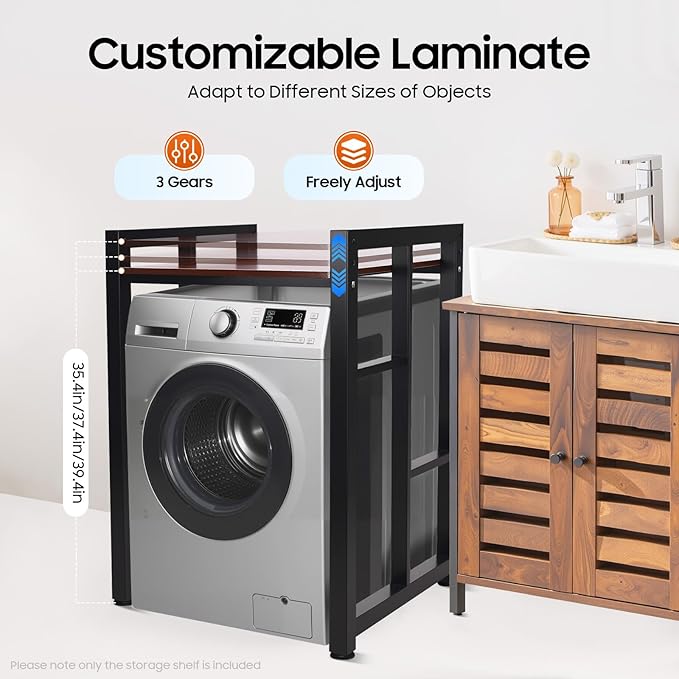 Over Washer and Dryer Shelves, Washer and Dryer Storage Shelf, Adjustable Laminate and Foot Pads Washing Machine Storage Rack for Kitchens Dressing Rooms (Black, Teak Color)