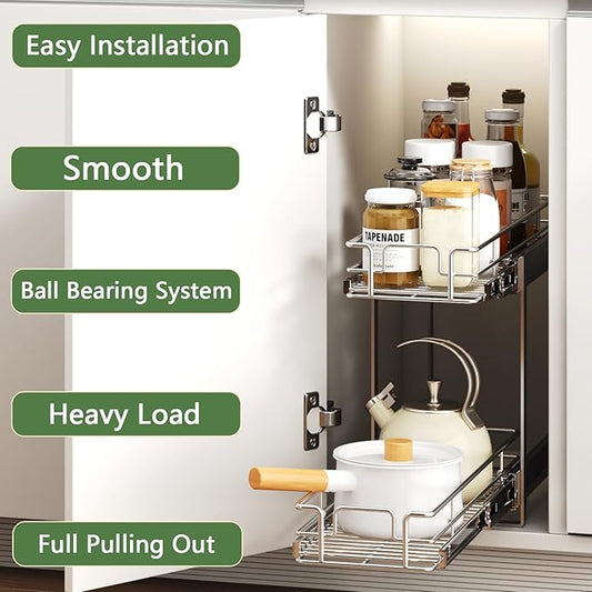 2 Tier Individual Pull Out Cabinet Organizer 9" W x 21½" D, Heavy Duty Cabinet Pull Out Shelves, Slide Out Drawers Organization for Kitchen Cabinets Bathroom