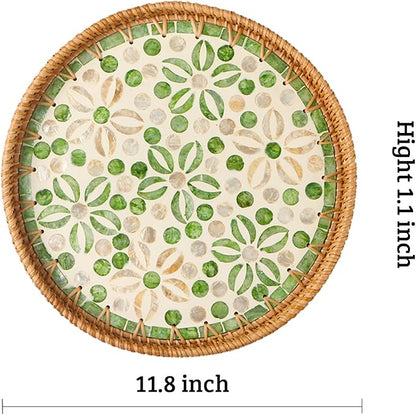 Round Rattan Tray with Mother of Pearl Inlay, Decorative Wicker Serving Tray with Wooden Base, Woven Basket Trays for Bread Fruits Coffee, Starfruit
