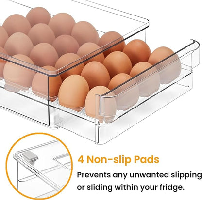 vacane 24 Capacity Egg Holder for Refrigerator, Egg Drawer for Fridge Pull Out Egg Storage Container with Non-Slip Pads Clear Egg Tray Egg Organizer - 2 Pack