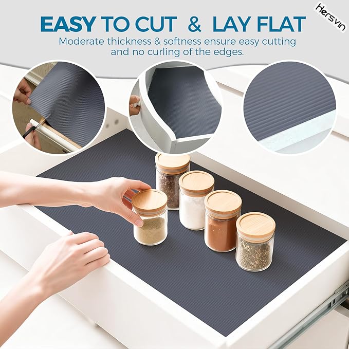 Hersvin Shelf Liners 20 in x 20 ft EVA Drawer Mats, Non-Adhesive Cupboard Pad, Kitchen Cabinet Lining Fridge Cushion (Gray Stripe, 50.8cmx610cm)