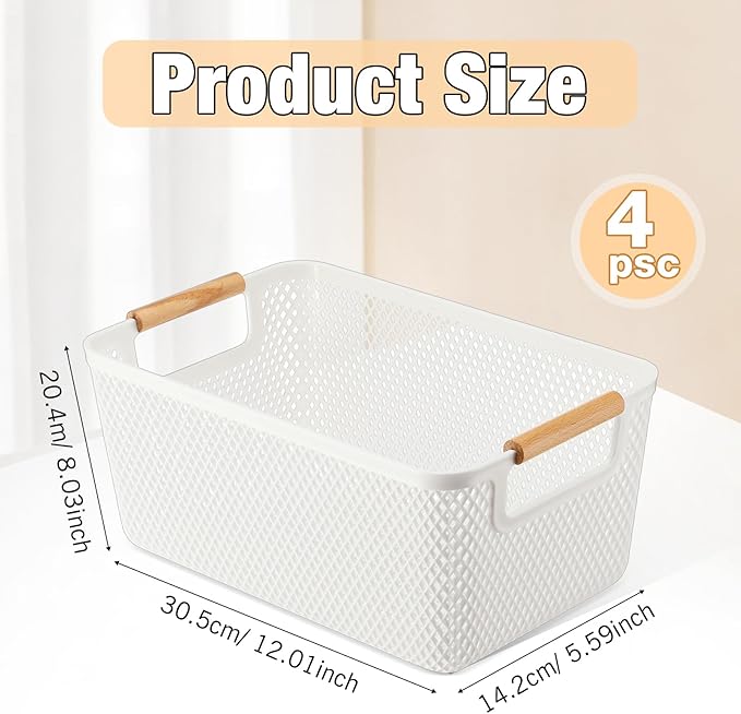 Tioncy 4 Pcs White Mesh Baskets with Wooden Handles Plastic Storage Organizer Baskets Pantry Basket Fruit Vegetables Gathering Basket Bin for Organizing Cabinet Closet Bedroom Kitchen(Medium)