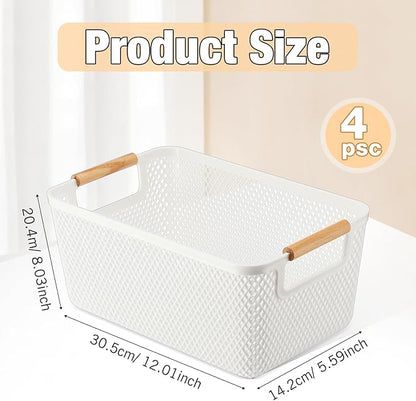 Tioncy 4 Pcs White Mesh Baskets with Wooden Handles Plastic Storage Organizer Baskets Pantry Basket Fruit Vegetables Gathering Basket Bin for Organizing Cabinet Closet Bedroom Kitchen(Medium)