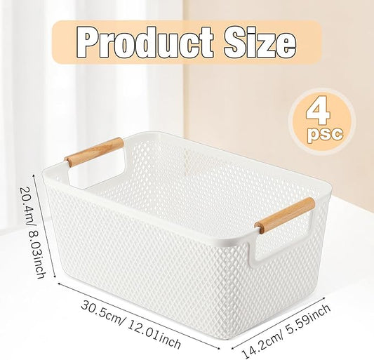Tioncy 4 Pcs White Mesh Baskets with Wooden Handles Plastic Storage Organizer Baskets Pantry Basket Fruit Vegetables Gathering Basket Bin for Organizing Cabinet Closet Bedroom Kitchen(Medium)