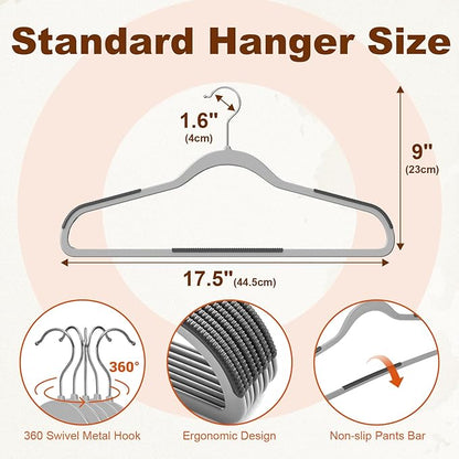 HOUSE DAY Heavy Duty Plastic Hangers 30 Pack, Non Slip Clothes Hangers with Rubber Pads and 360° Hook - Thin 0.2 Inch, Space Saving Coat Hanger Grey, Closet Organizer for Shirt, Pants, Suit, Skirt