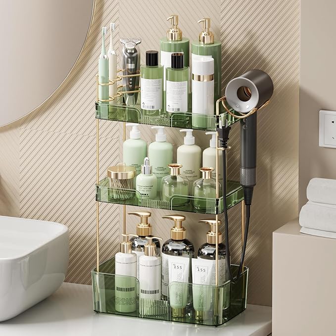 Weidace Bathroom Counter Organizer for Vanity, Makeup Organizer Countertop with Holder, Large Capacity Storage Rack, Perfect Large Skincare, Hair Care, Perfume, Easy to Install (Green, 3Tiers)
