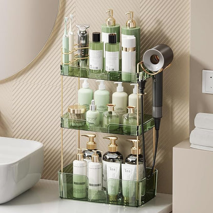 Weidace Bathroom Counter Organizer for Vanity, Makeup Organizer Countertop with Holder, Large Capacity Storage Rack, Perfect Large Skincare, Hair Care, Perfume, Easy to Install (Green, 3Tiers)
