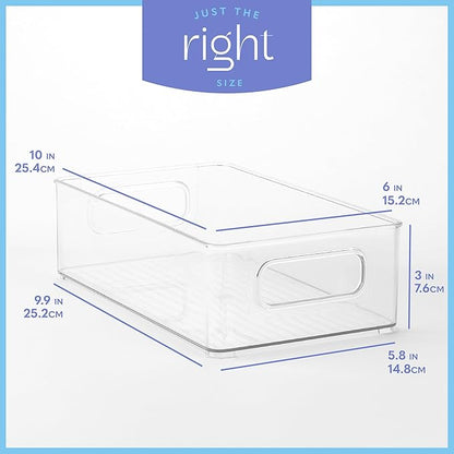 primebox Plastic Food Storage Clear Container Bin with Handles for Organizing Kitchen, Pantry, Refrigerator, Freezer, Pantry, Cabinet, Closet, Bathroom. Stackable 10”x6”x3”