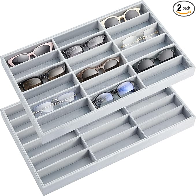 Amylove 2 Pcs Sunglass Organizer Trays Glasses Stackable Jewelry Trays Sunglass Organizer Display Box(18 Grids,Gray)