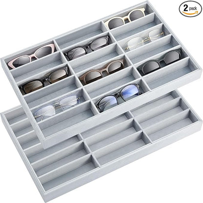 Amylove 2 Pcs Sunglass Organizer Trays Glasses Stackable Jewelry Trays Sunglass Organizer Display Box(18 Grids,Gray)
