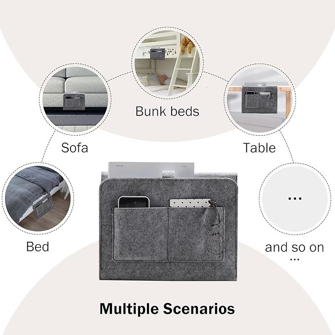 YOUDENOVA Bedside Caddy, Bedside Organizer for Dorm Room, Bunk Bed, Grey