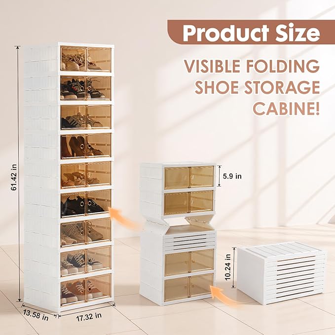 LAFORMO Collapsible Shoe Rack Organizer Foldable Shoe Cabinet with Doors, Large Plastic Folding Shoe Cabinet, Easy Assembly Shoe Shelves Organizer for Entryway (9Tiers,18Pairs)
