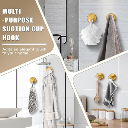 Fenas Suction Cup Hooks for Shower No-Drill Bathroom Hooks for Towels, Robes, Loofah Mountable on Bathroom Walls, Kitchen, Glass, Mirrors, Tile and Smooth,Non-Porous Surfaces (2 Pack, Brushed Gold)