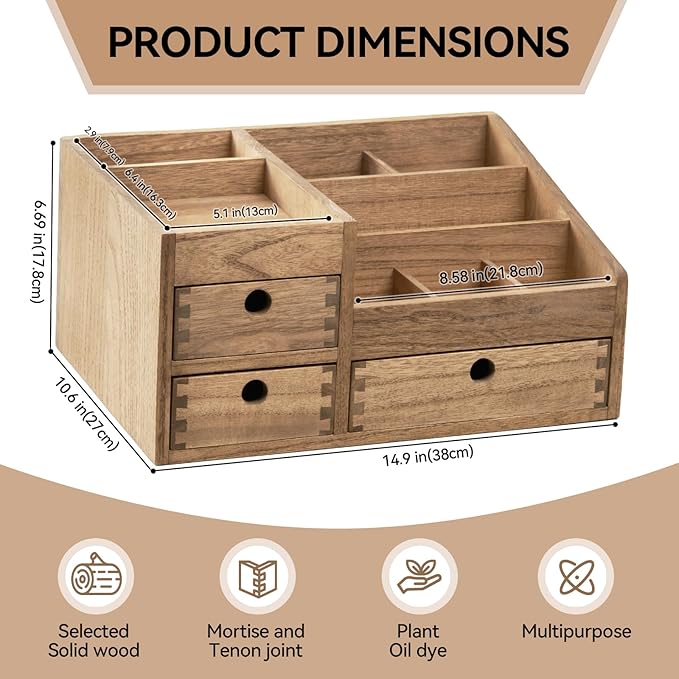 KIRIGEN Wood Makeup Organizer Storage Cabinet Tabletop Cosmetic Organizer Jewelry Storage Box 8 Compartment Makeup Display Case with 3 Drawers Brown(HZG-DBR)