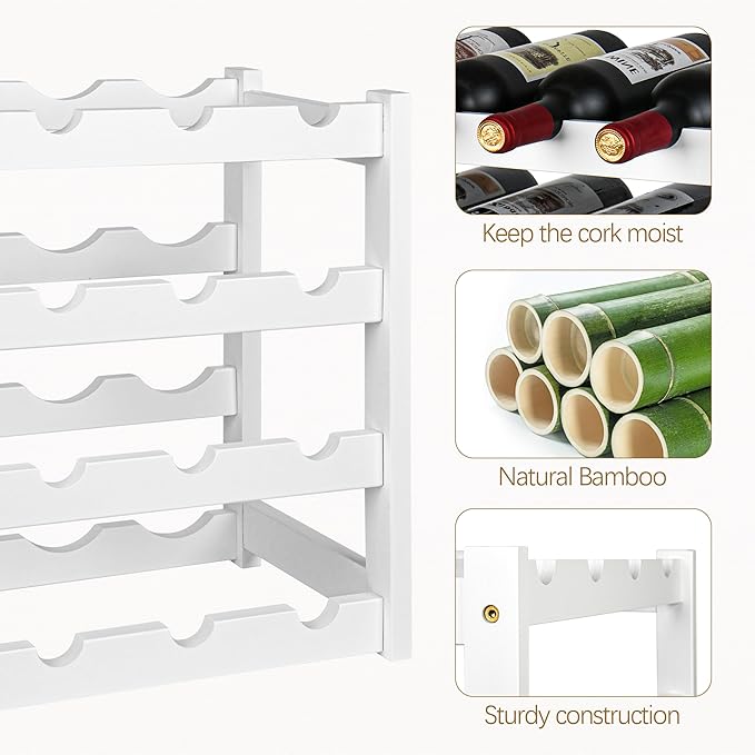 VASMIA Wine Rack, 4-Tier Bamboo Wine Racks Countertop,Sturdy and Durable Wine Storage Cabinet Shelf,16 Bottles Wine Holder for Kitchen Pantry, White